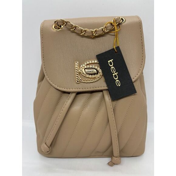 NWT Bebe Hera Small Backpack Beige Top Handle & Adjustable Straps Turn Lock - Picture 1 of 7